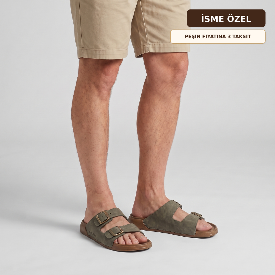 İsme Özel Çift Tokalı Erkek Terlik - Haki