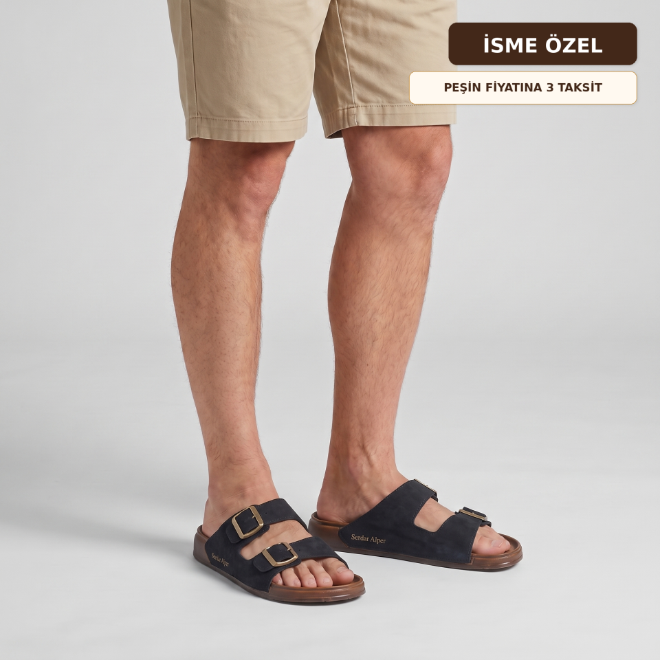İsme Özel Çift Tokalı Erkek Terlik - Siyah