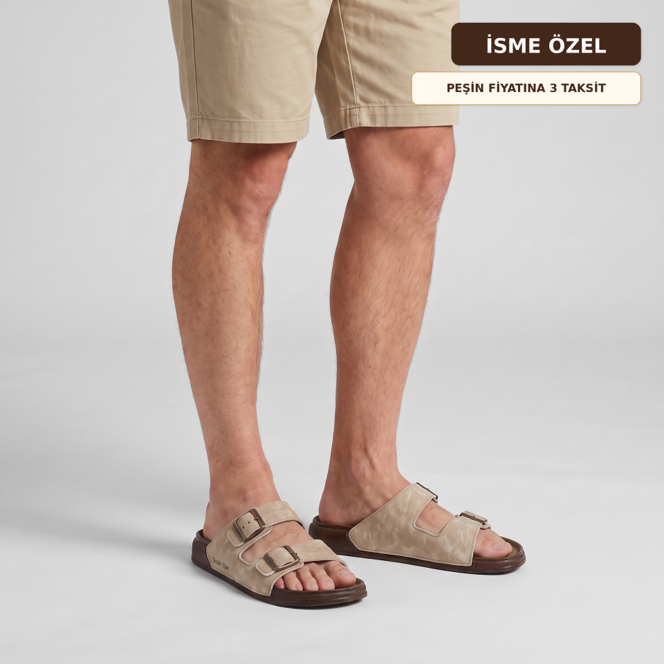 İsme Özel Çift Tokalı Erkek Terlik - Bej